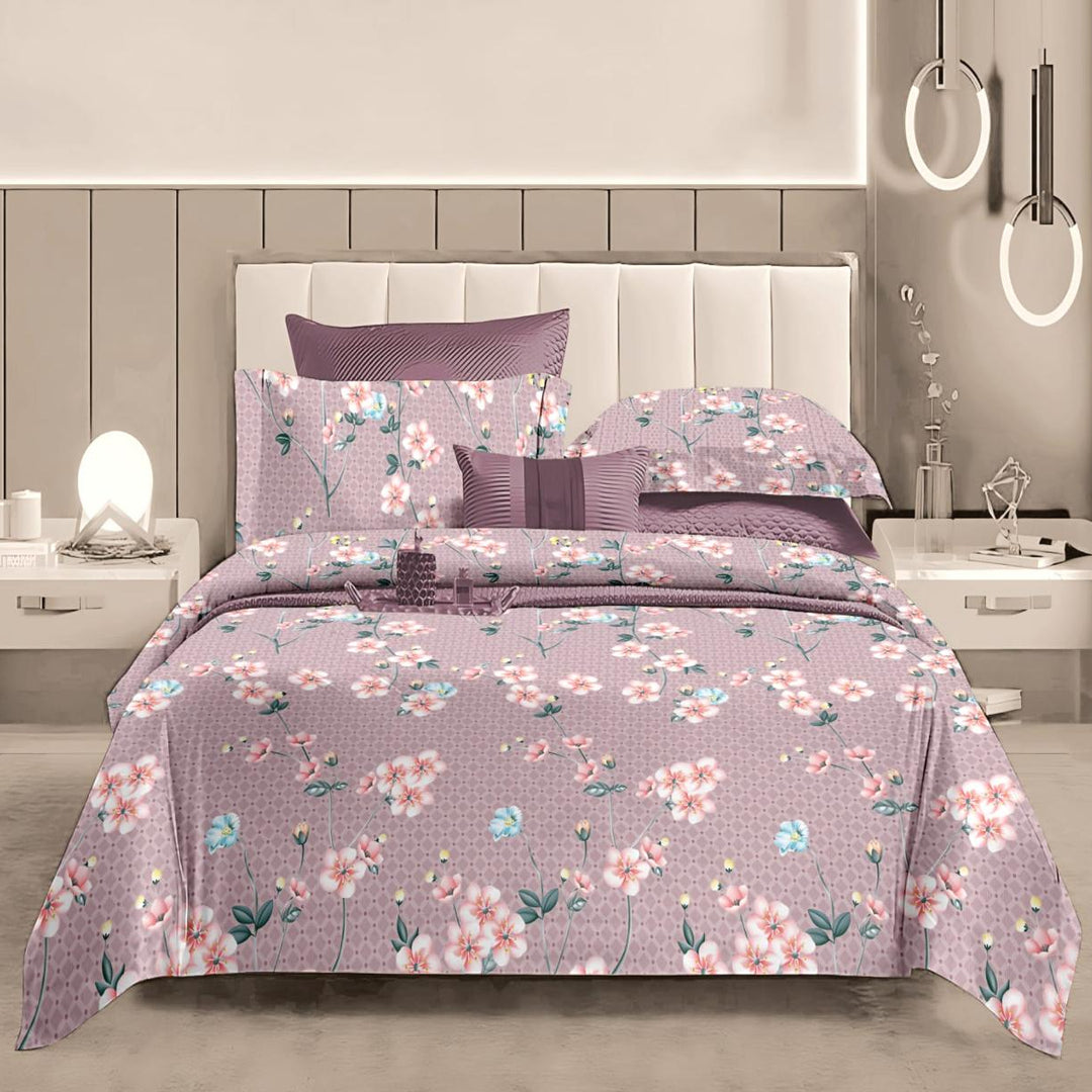 Lilac Blossom Cotton Blend Elastic Fitted King Bedsheet