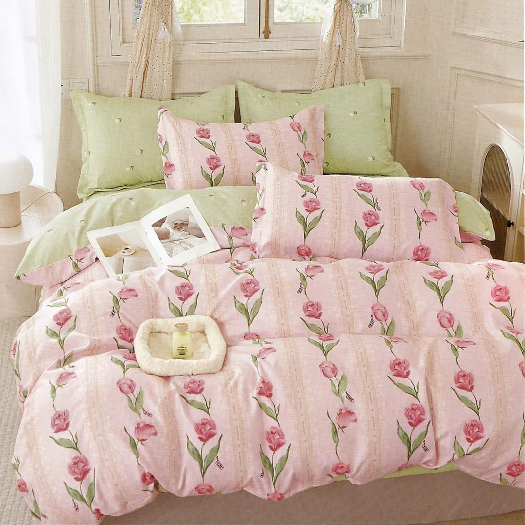 Rosy Tulip Cotton Blend Elastic Fitted King Bedsheet