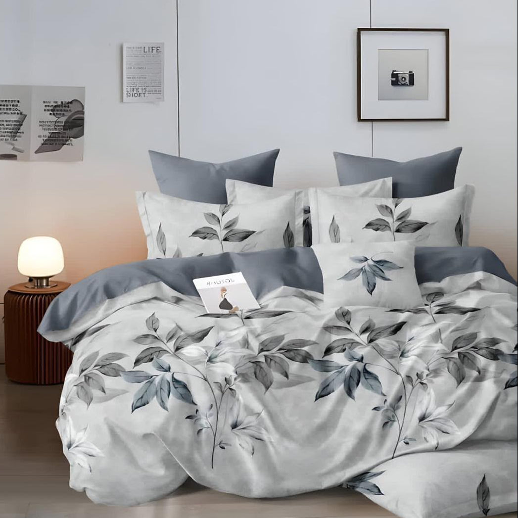 Sliver Foliage Cotton Blend Elastic Fitted King Bedsheet