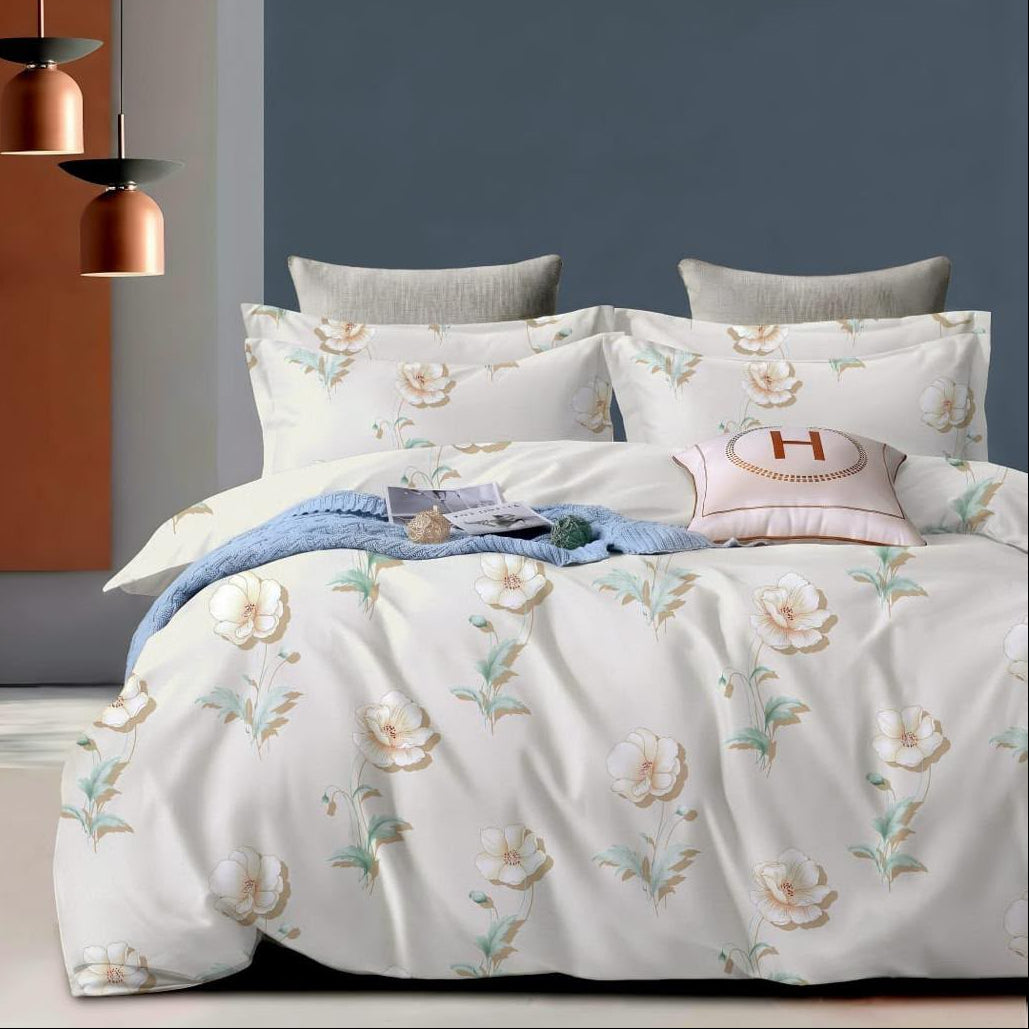 Ivory Blossom Cotton Blend Elastic Fitted King Bedsheet
