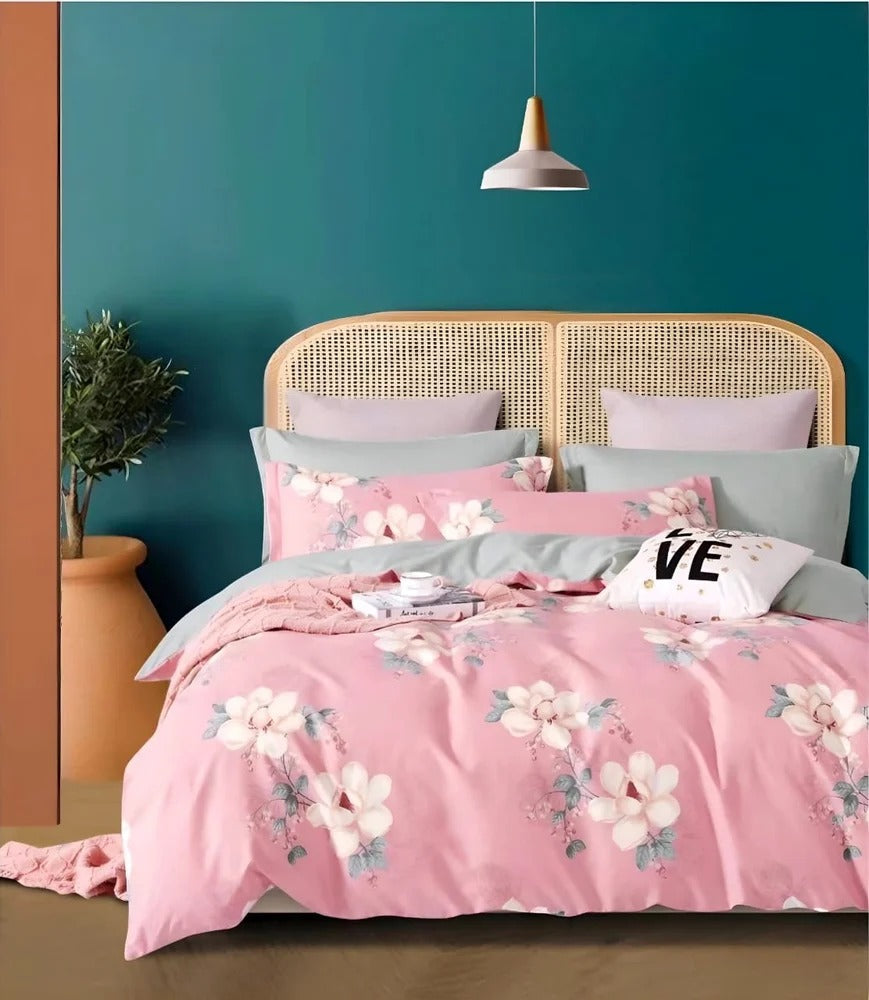Pink Petals Cotton Blend Elastic Fitted King Bedsheet