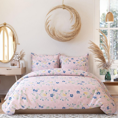 Baby Pink Floral Cotton Blend Elastic Fitted King Bedding Set