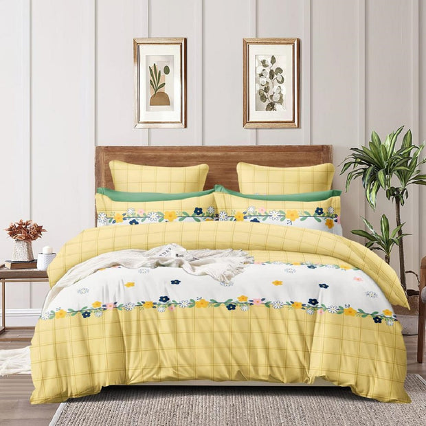 Yellow Spade Floral Cotton Blend Elastic Fitted King Bedsheet