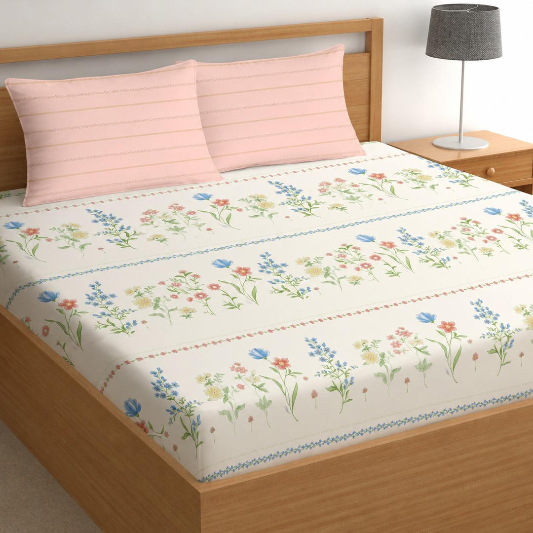 Floral Muse Cotton Blend Super King Bedsheet with 2 Pillow Covers (108x108 inches)