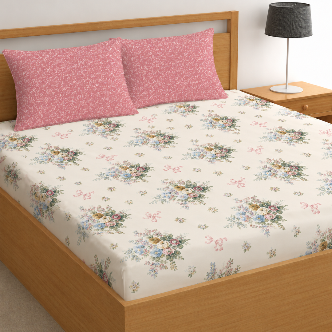 Ribbon Garden Cotton Blend Elastic Fitted King Bedsheet