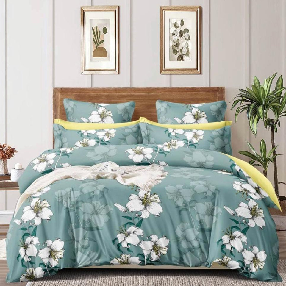 Teal Blossom 210 TC Cotton Blend Flat King Bedsheet