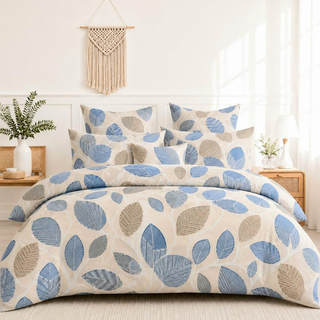 Blue Leaf Bliss 210 TC Cotton Blend Flat King Bedsheet