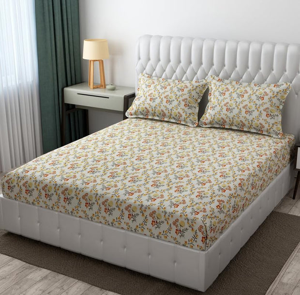 Floral Frost Cotton Blend Elastic Fitted King Bedsheet