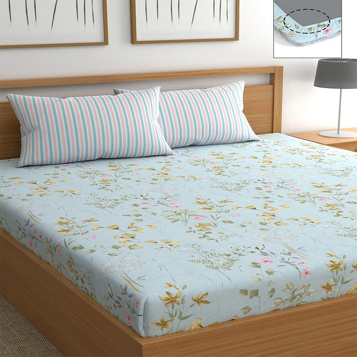 Blue Leaflet Cotton Blend Super King Bedsheet with 2 Pillow Covers (108x108 inches)