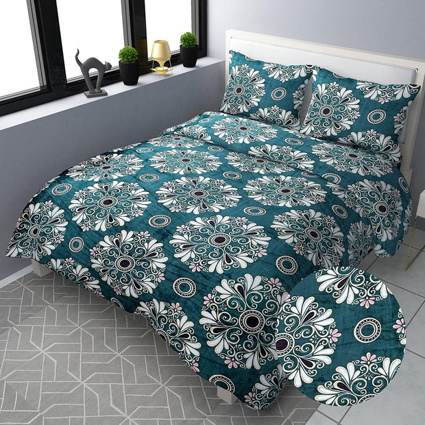 Green Damas Printed Warm Winter Flannel Fitted King Bedsheet