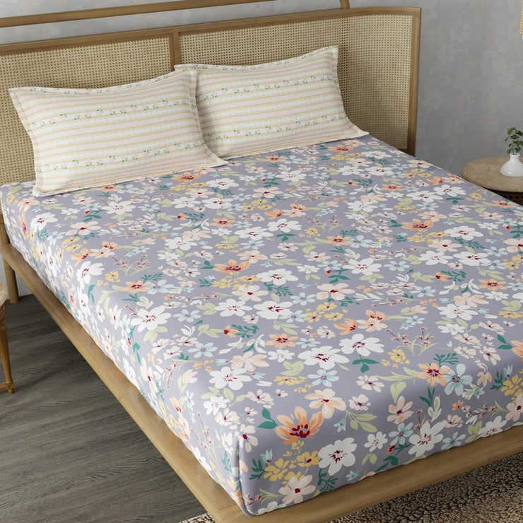 Grey Daffodil Elastic Fitted Cotton Blend King Bedsheet