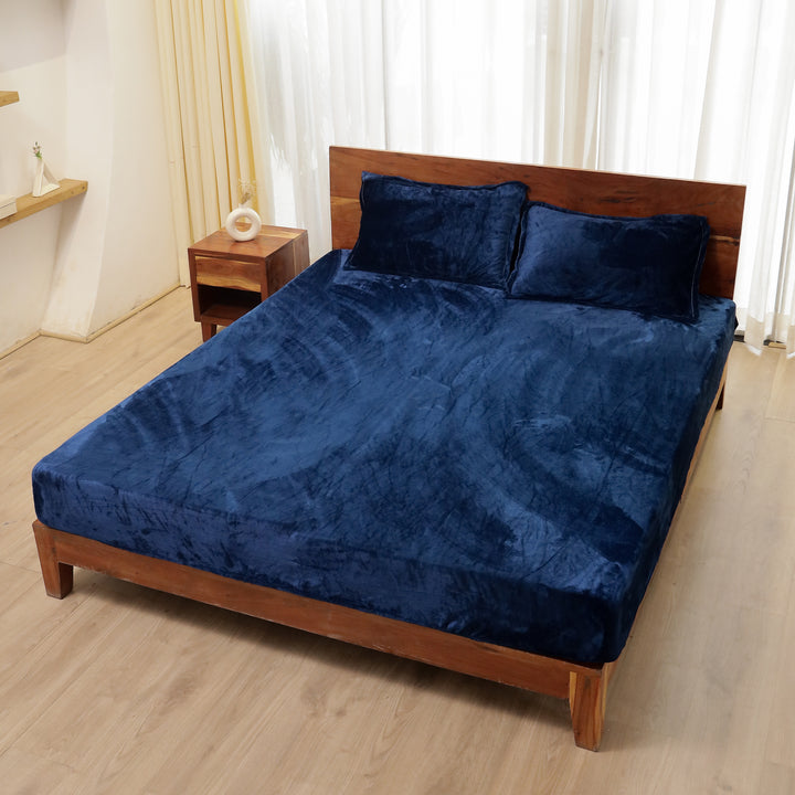 Navy Blue Warm Winter Flannel Fitted King Bedsheet
