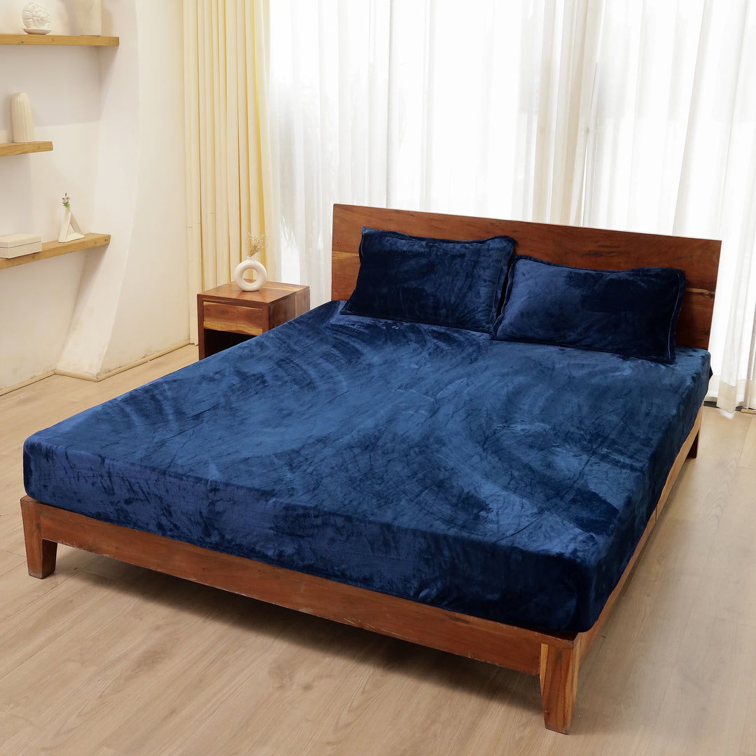 Navy Blue Warm Winter Flannel Fitted King Bedsheet