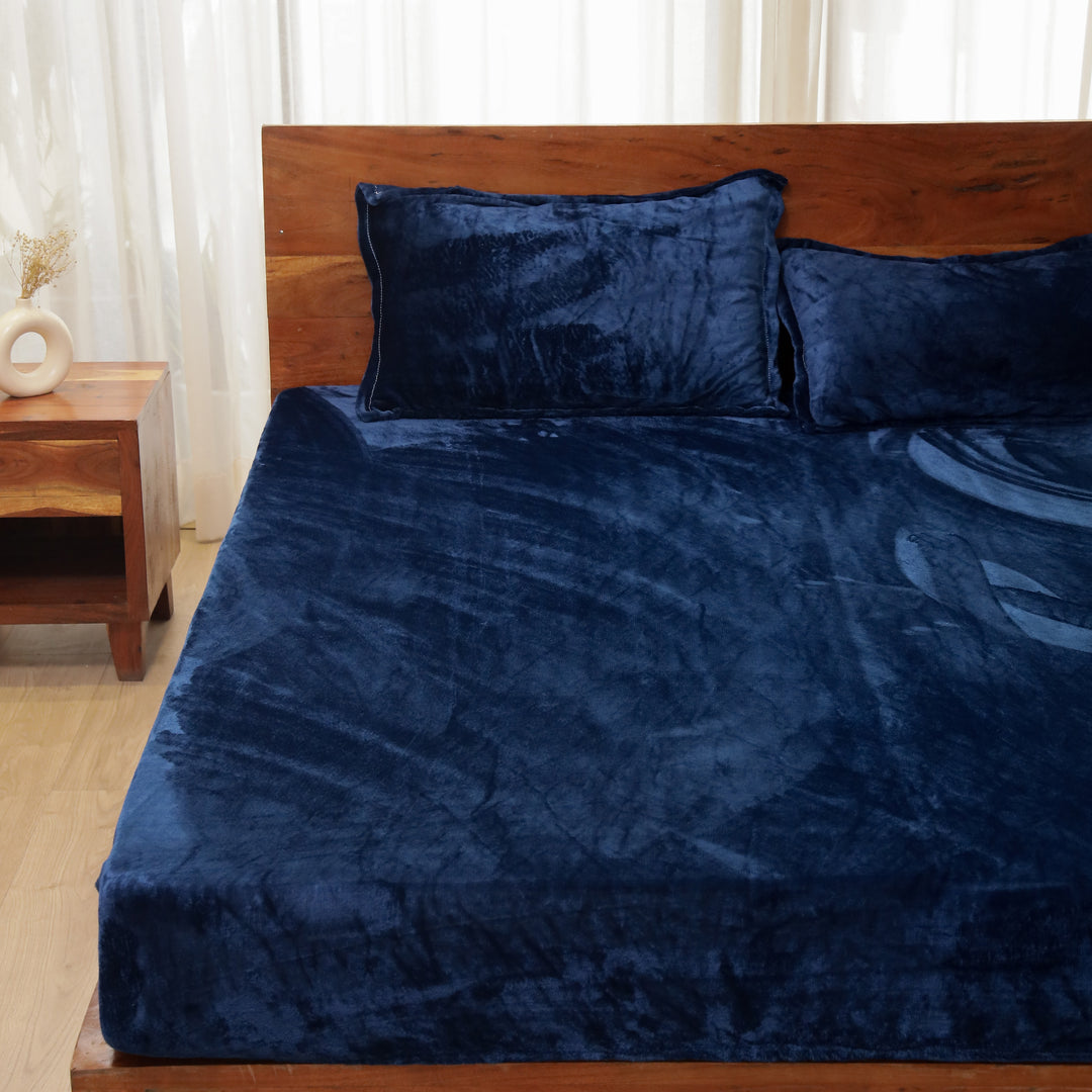 Navy Blue Warm Winter Flannel Fitted King Bedsheet