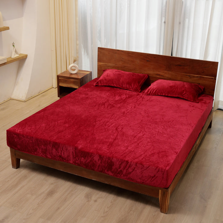 Red Warm Winter Flannel Fitted King Bedsheet