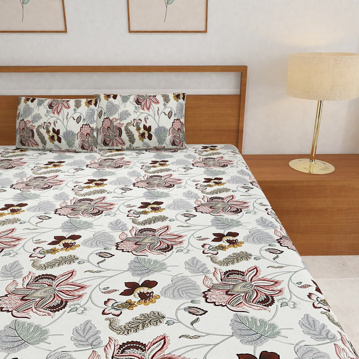 Tropical All Over Printed Cotton Elastic King Size Bedsheet - Lotus Burgundy