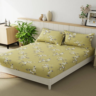 Floral Yellow 210 TC Cotton Blend Flat King Bedsheet