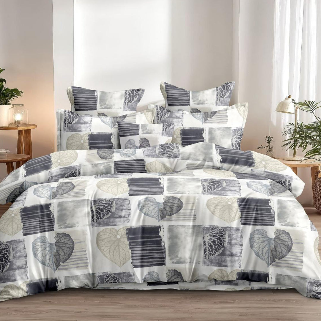 Leaf Mosaic Cotton Blend Super King Bedsheet with 2 Pillow Covers (108x108 inches)