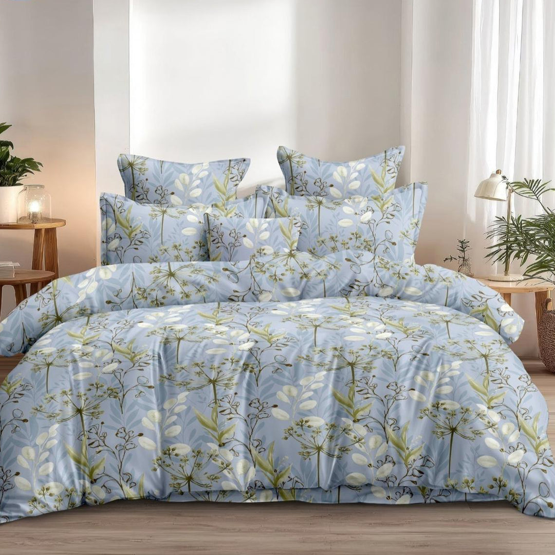 Blue Feather Cotton Blend Super King Bedsheet with 2 Pillow Covers (108x108 inches)
