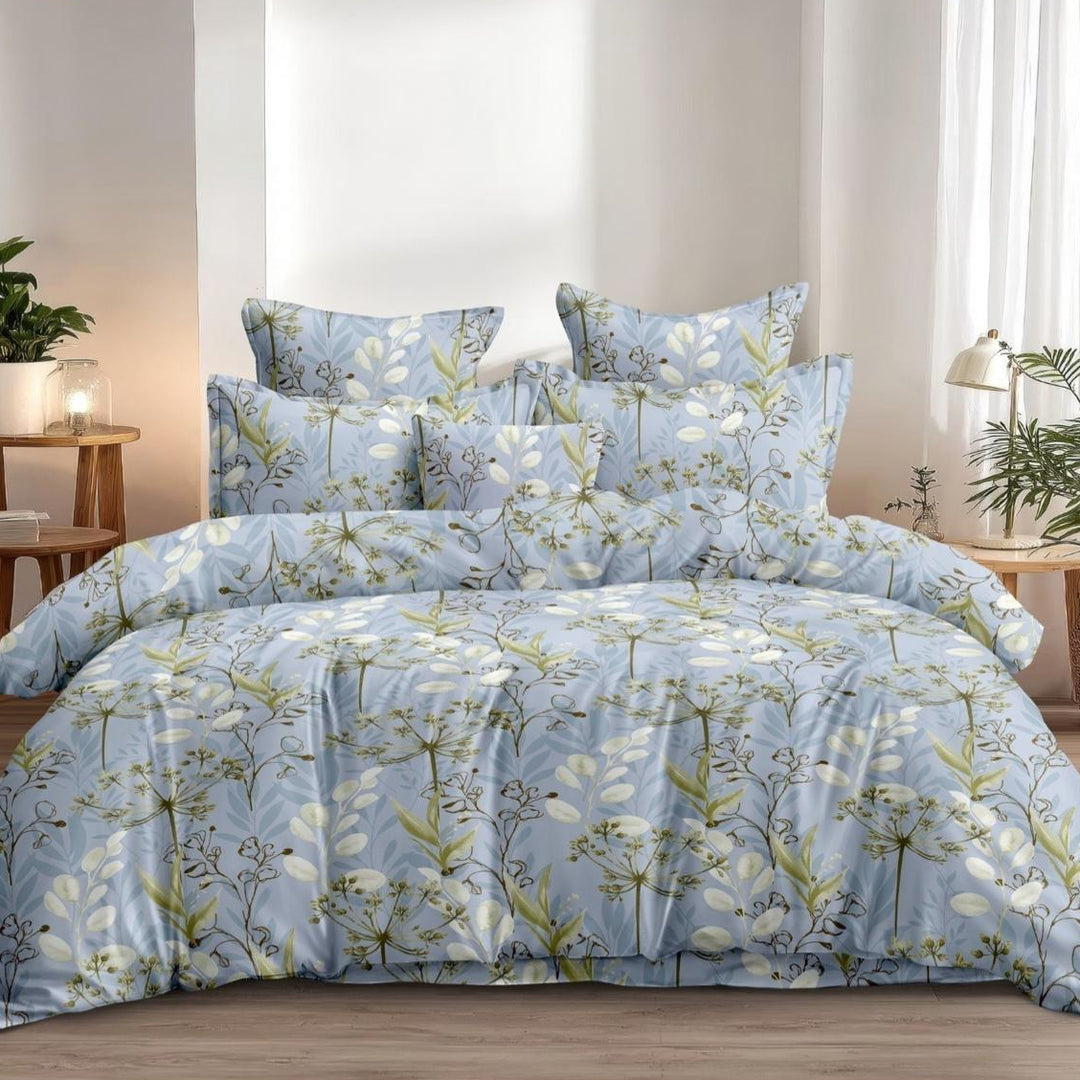 Blue Feather Cotton Blend Elastic Fitted King Bedsheet
