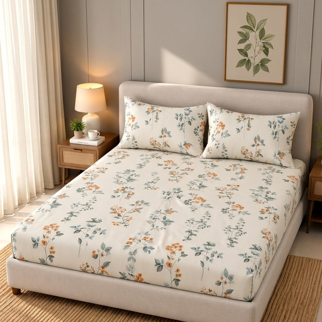 Same Ivory Flower Cotton Blend Super King Bedsheet with 2 Pillow Covers (108x108 inches)