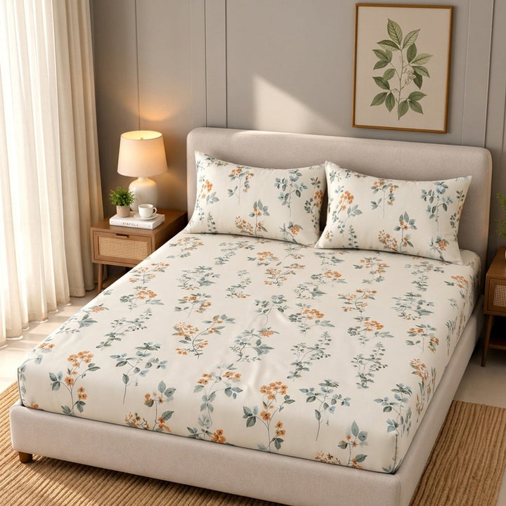 Same Ivory Flower Cotton Blend Super King Bedsheet with 2 Pillow Covers (108x108 inches)