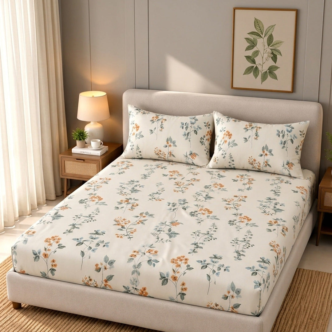 Same Ivory Flower Cotton Blend Elastic Fitted King Bedsheet
