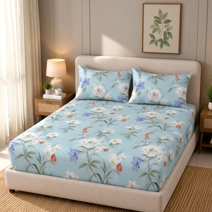 Aqua Fleur Cotton Blend Super King Bedsheet with 2 Pillow Covers (108x108 inches)