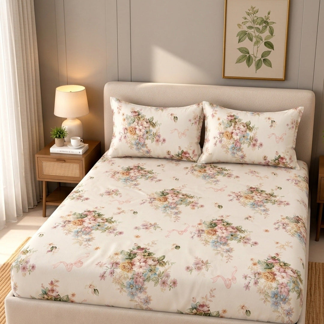 Same Ribbon Garden Cotton Blend Super King Bedsheet with 2 Pillow Covers (108x108 inches)