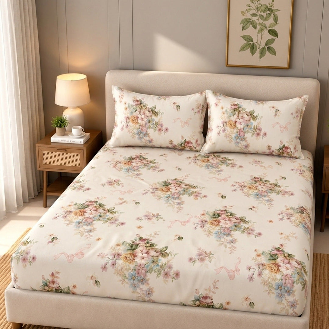 Same Ribbon Garden Cotton Blend Elastic Fitted King Bedsheet