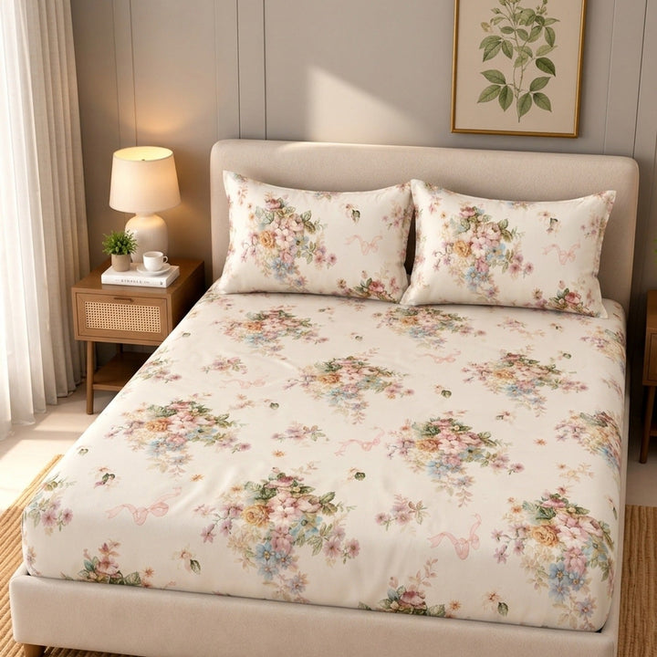 Same Ribbon Garden Cotton Blend Elastic Fitted King Bedsheet