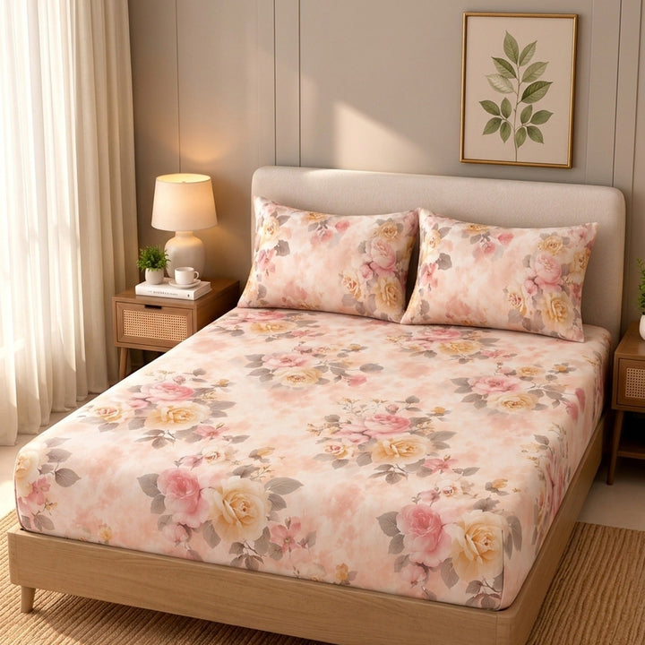 Floral Bunch Cotton Blend Super King Bedsheet with 2 Pillow Covers (108x108 inches)