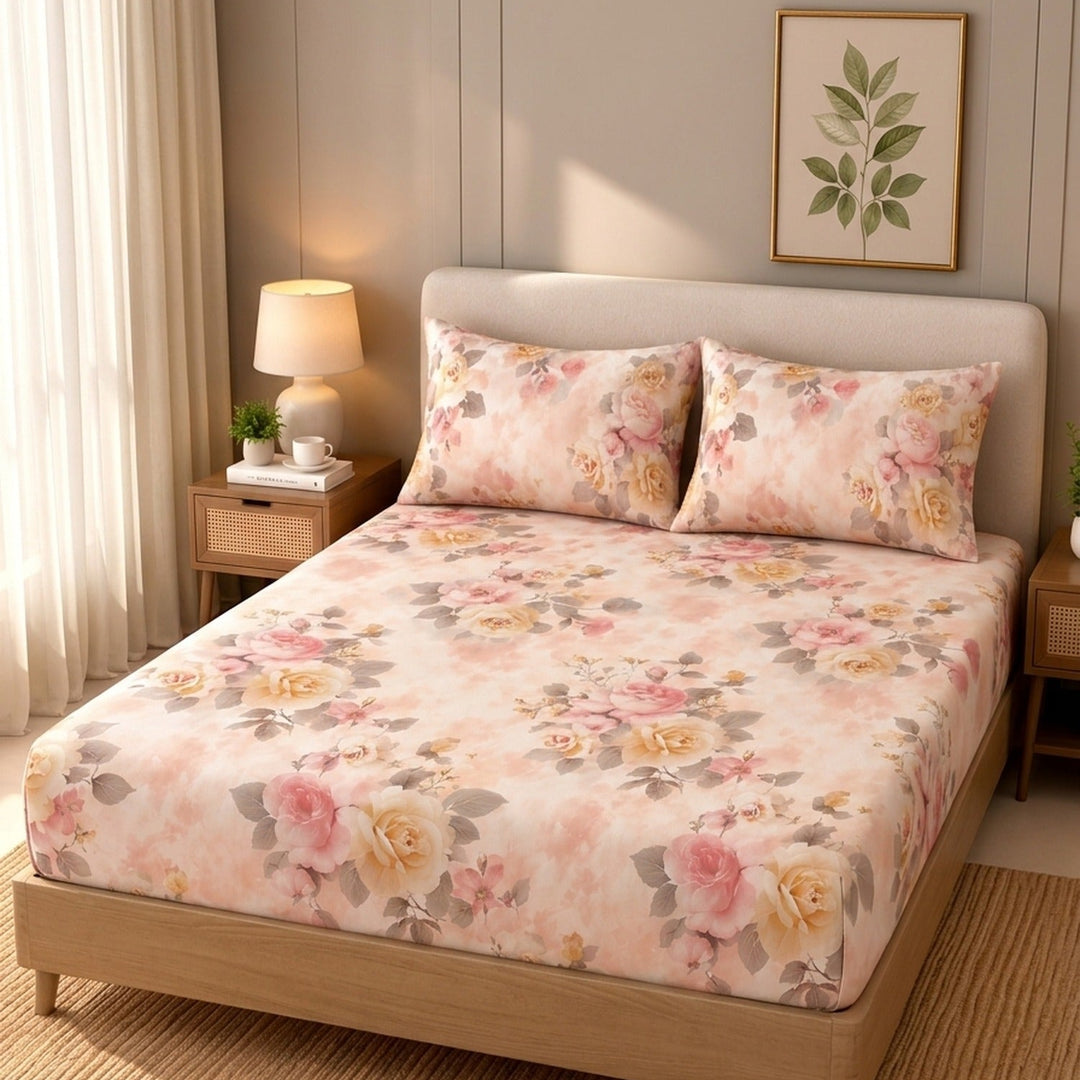 Bunch Floral Cotton Blend Elastic Fitted King Bedsheet