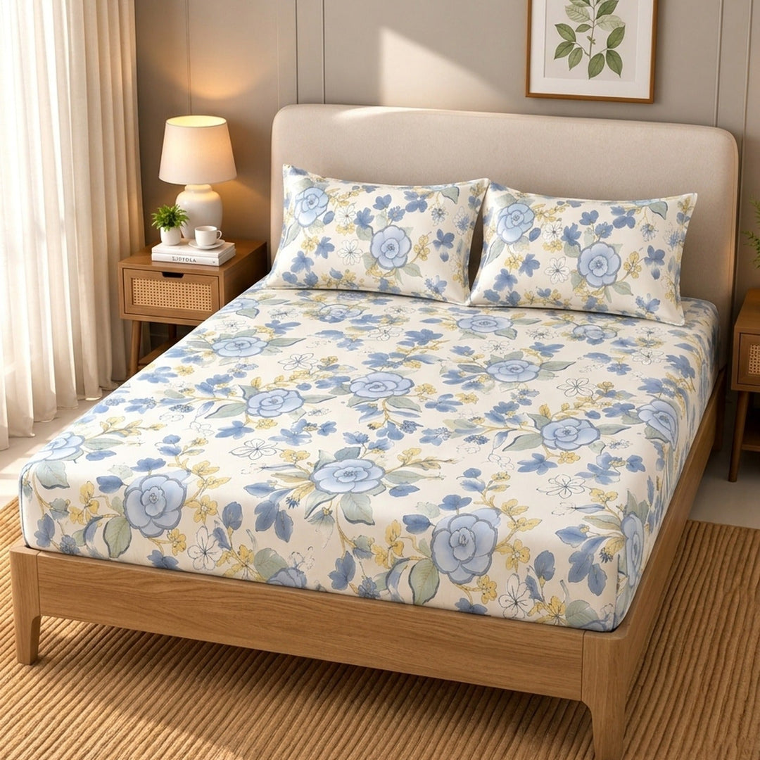 Same Bluebell Charm Cotton Blend Super King Bedsheet with 2 Pillow Covers (108x108 inches)