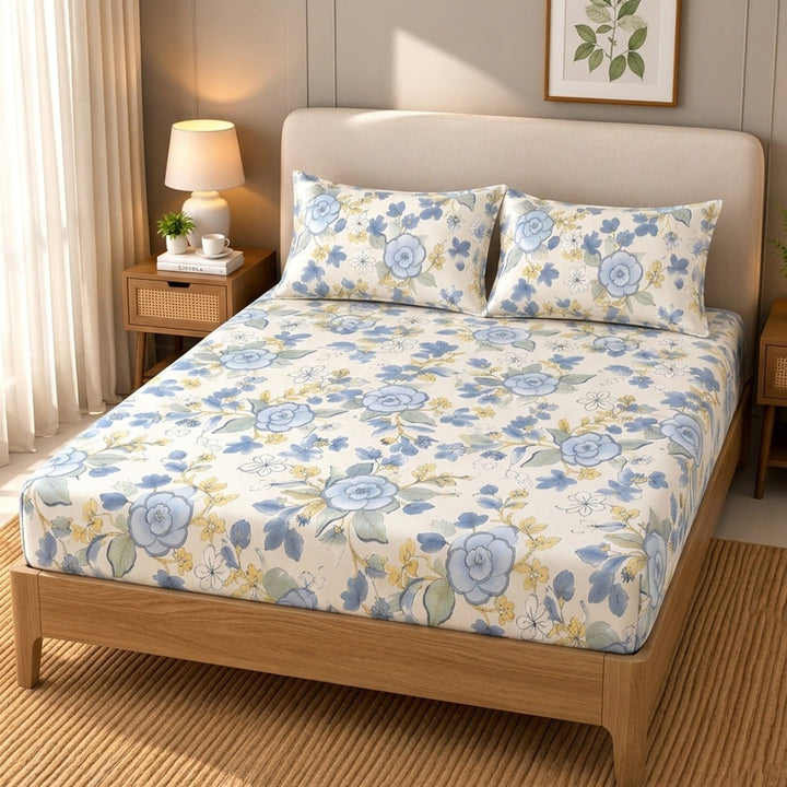 Same Bluebell Charm Cotton Blend Super King Bedsheet with 2 Pillow Covers (108x108 inches)