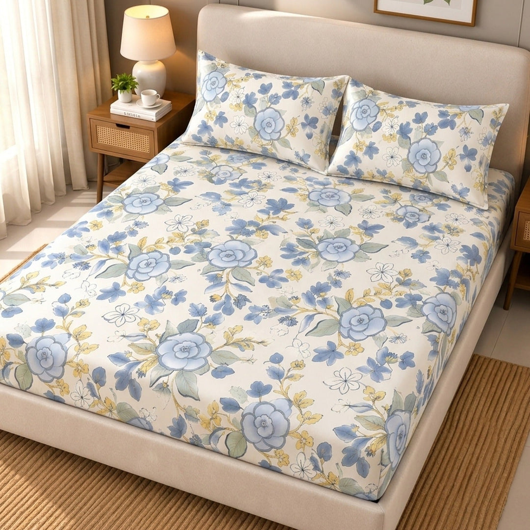 Same Bluebell Charm Cotton Blend Super King Bedsheet with 2 Pillow Covers (108x108 inches)