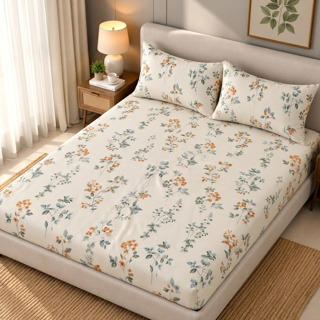 Same Ivory Flower Cotton Blend Super King Bedsheet with 2 Pillow Covers (108x108 inches)