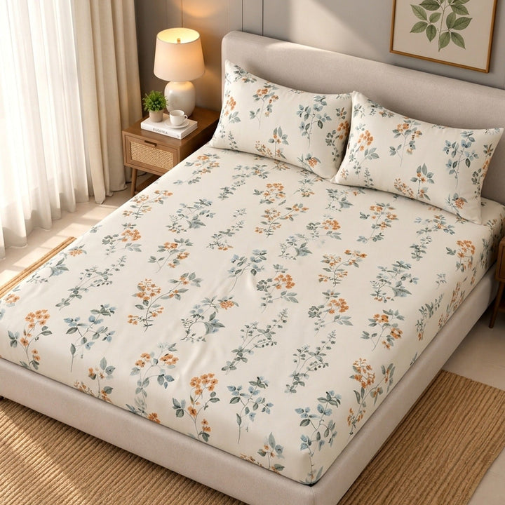 Same Ivory Flower Cotton Blend Elastic Fitted King Bedsheet