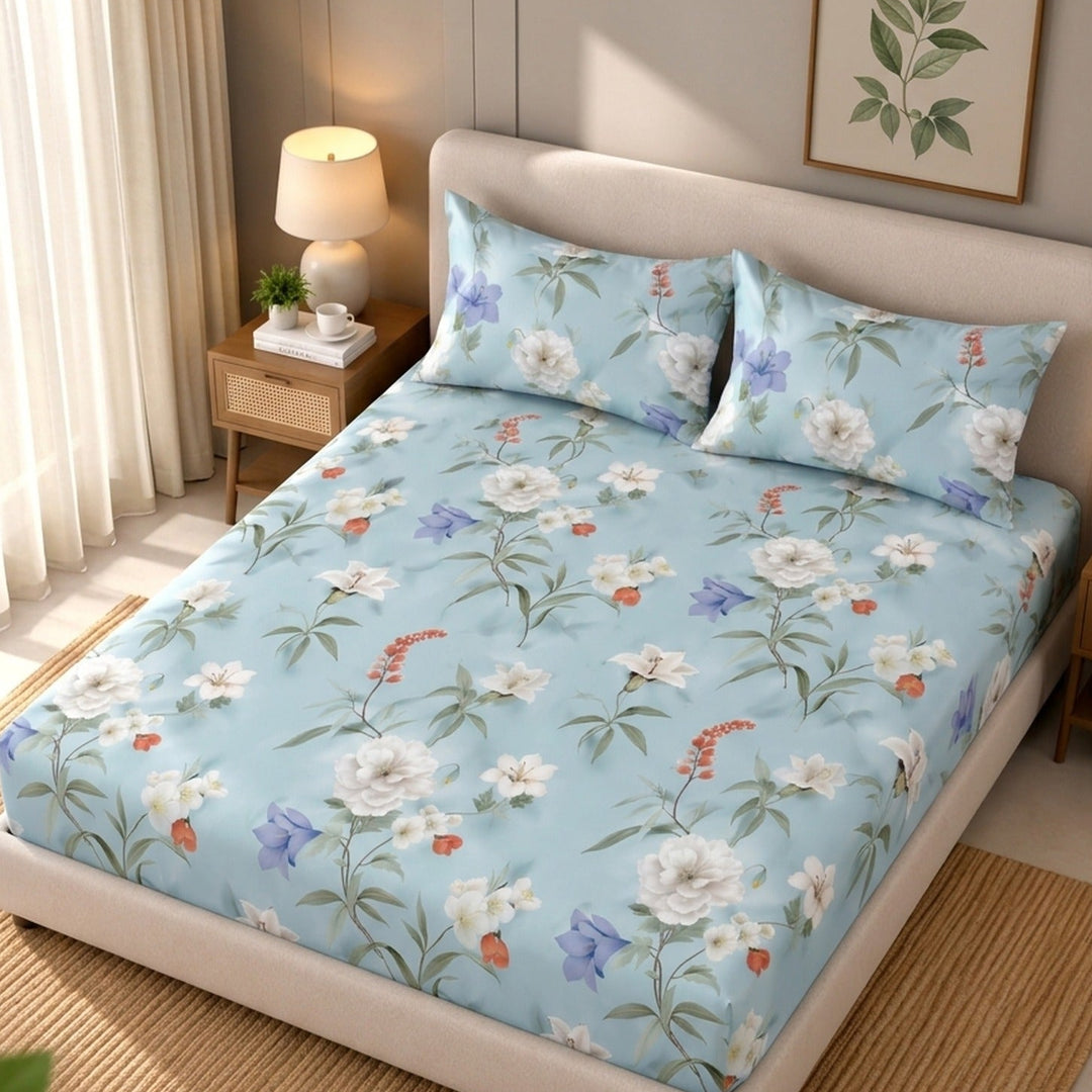 Aqua Fleur Cotton Blend Super King Bedsheet with 2 Pillow Covers (108x108 inches)