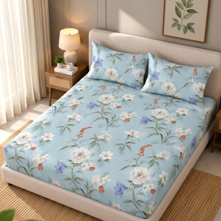 Aqua Fleur Cotton Blend Elastic Fitted King Bedsheet