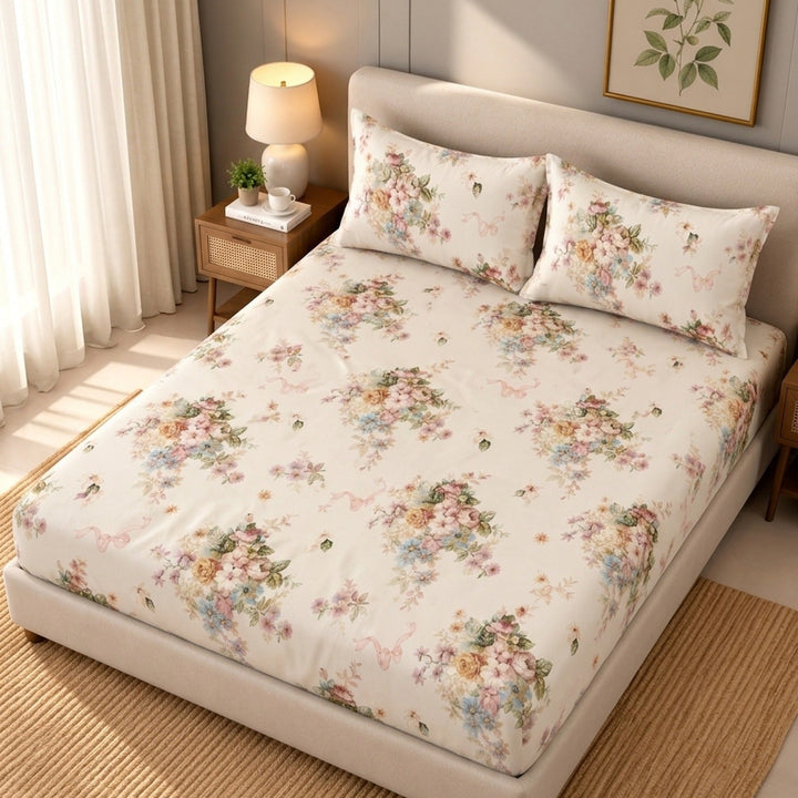 Same Ribbon Garden Cotton Blend Super King Bedsheet with 2 Pillow Covers (108x108 inches)