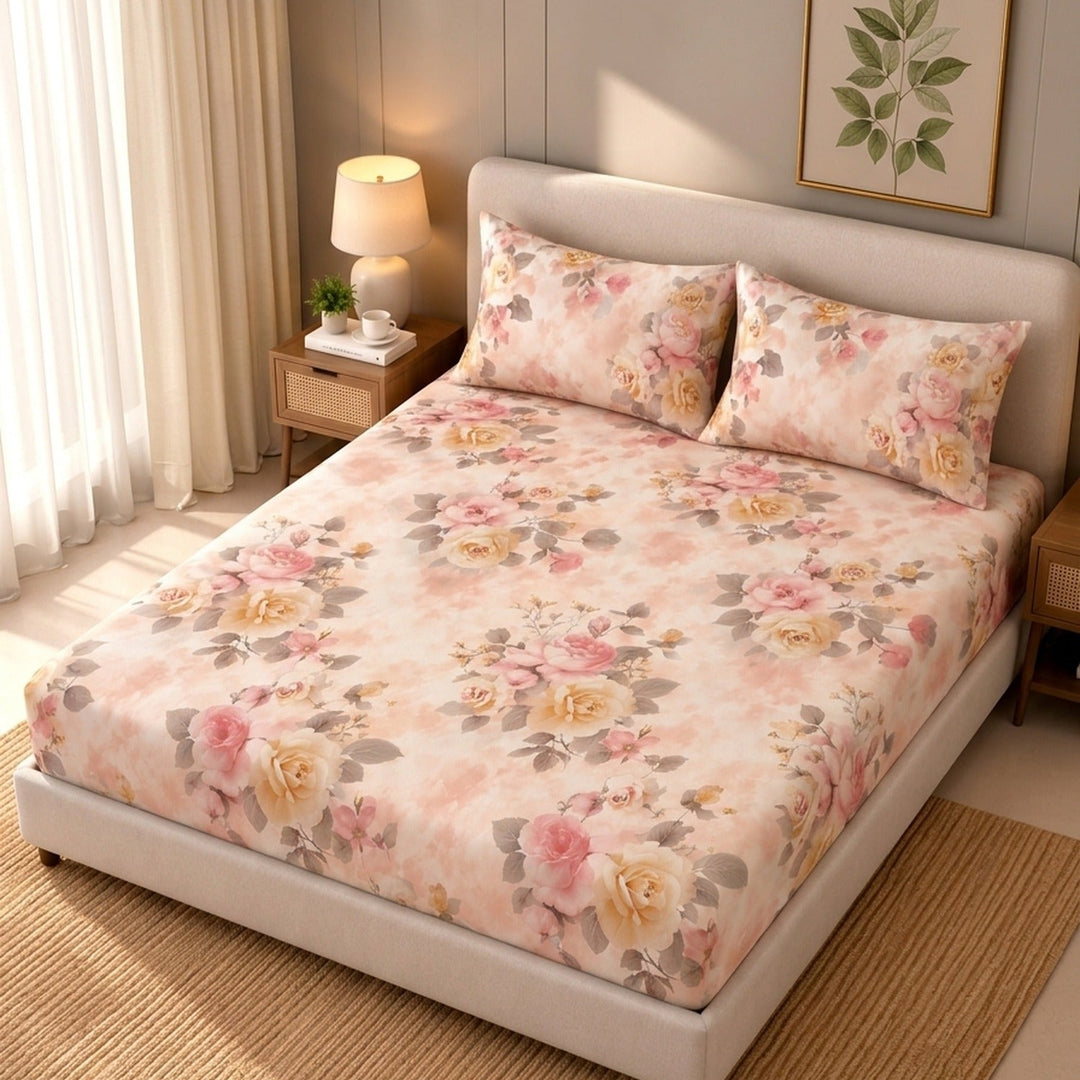 Floral Bunch Cotton Blend Super King Bedsheet with 2 Pillow Covers (108x108 inches)