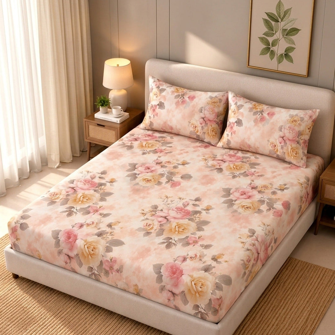 Bunch Floral Cotton Blend Elastic Fitted King Bedsheet