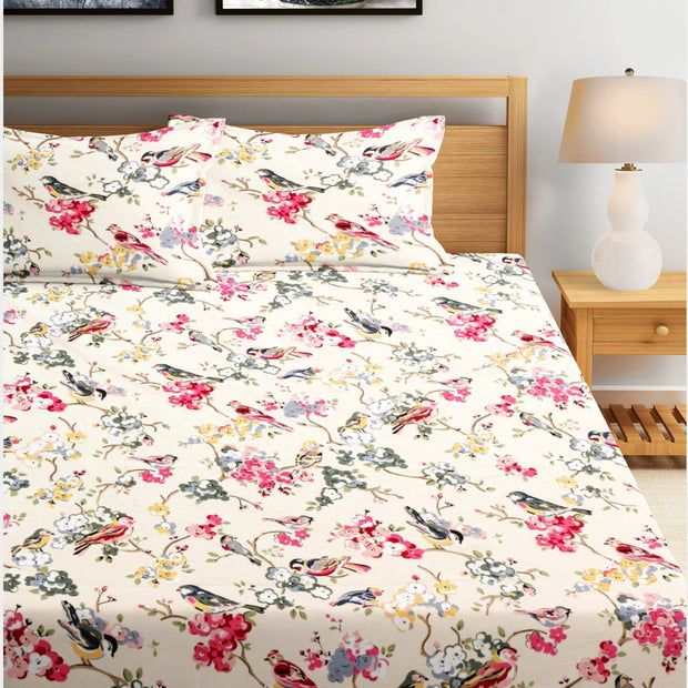 Tropical All Over Printed Cotton Elastic King Size Bedsheet - Pink Pakhi