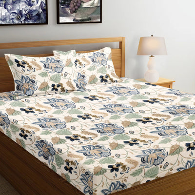 Tropical All Over Printed Cotton Elastic King Size Bedsheet - Blue Pakhi