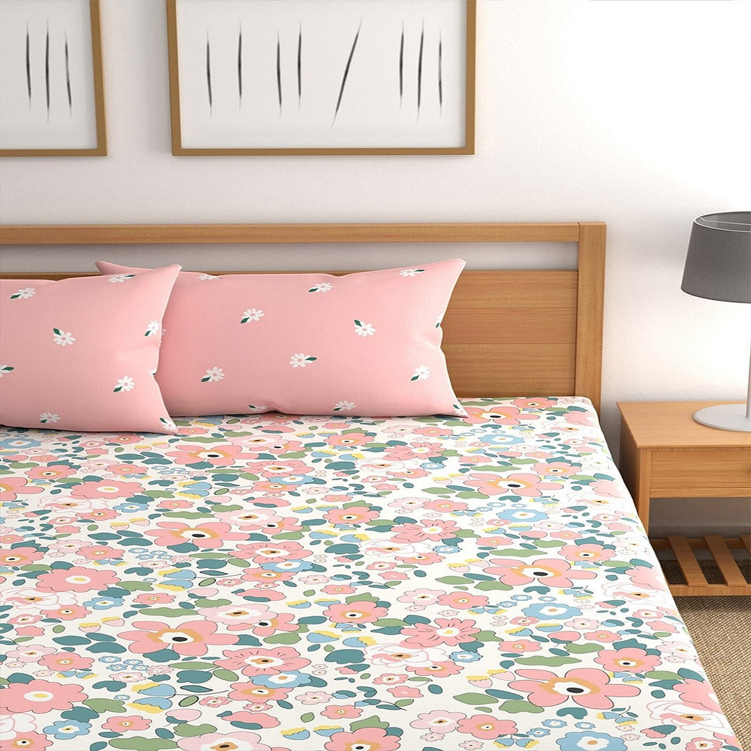 Pink Beauty Cotton Blend Super King Bedsheet with 2 Pillow Covers (108x108 inches)