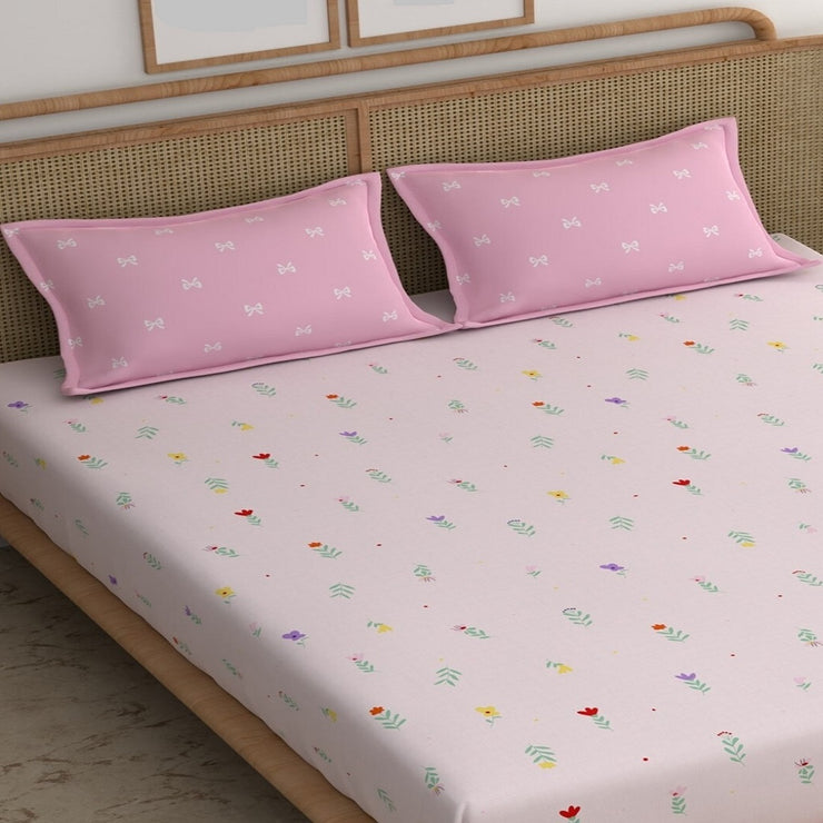 Pink Bow Elastic Fitted Cotton Blend King Bedsheet