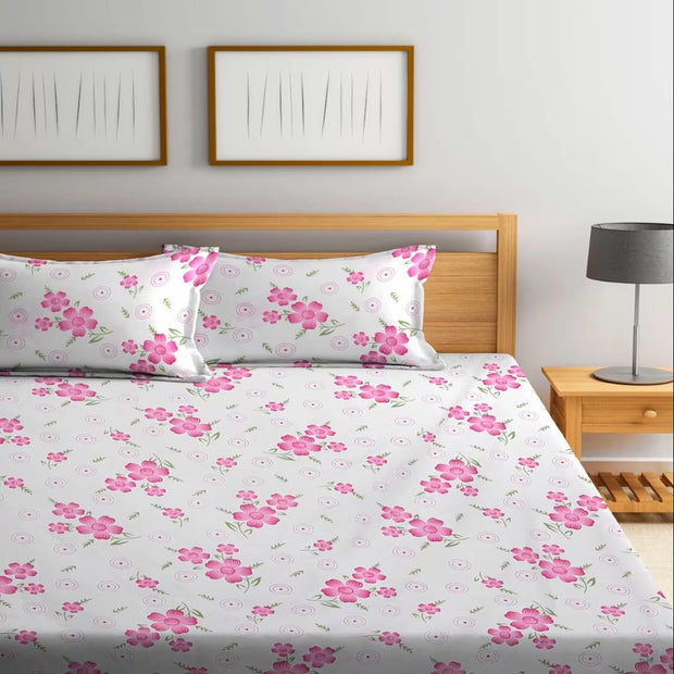 Pink Flower Cotton Blend Elastic Fitted King Bedsheet