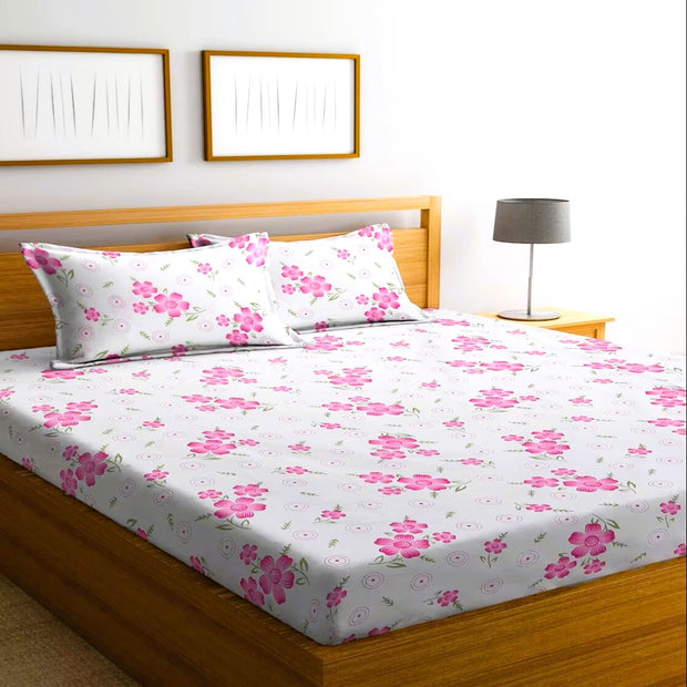 Pink Flower Cotton Blend Elastic Fitted King Bedsheet