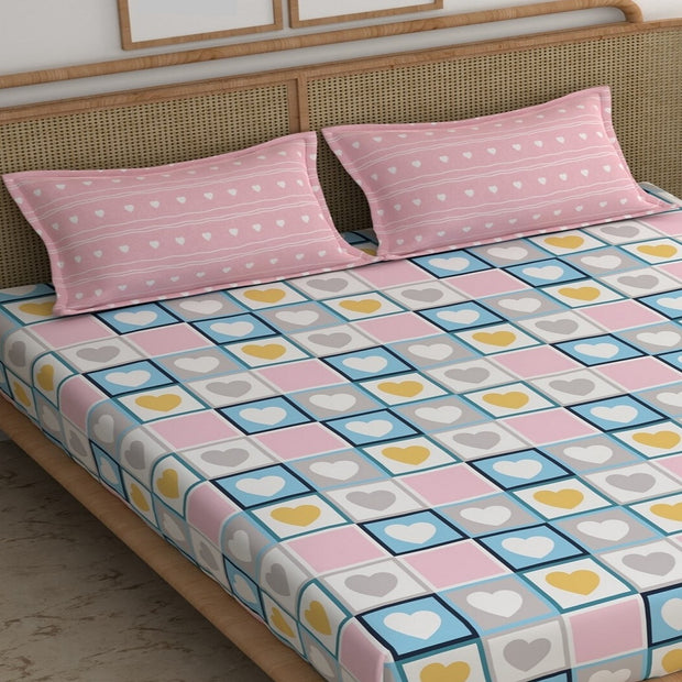 Pink Heart Elastic Fitted Cotton Blend King Bedsheet